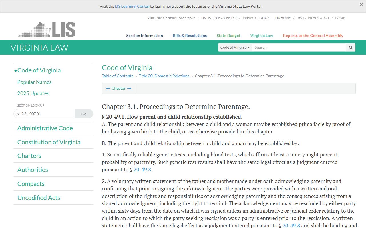 James City County paternity and family court records - Virginia Code Title 20 Chapter 3.1