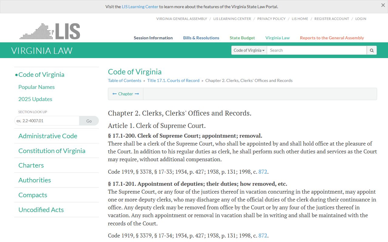 Virginia Code Title 17.1 Chapter 2 court clerks and family court records access