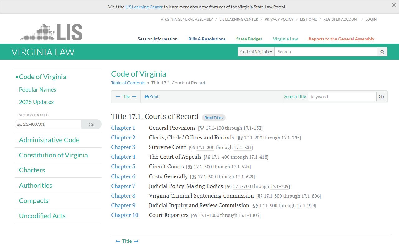 Virginia Code Title 17.1 courts of record and family court records