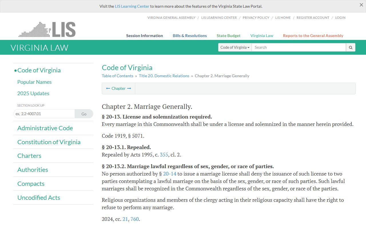Virginia Code Title 20 Chapter 2 marriage records and family court filings