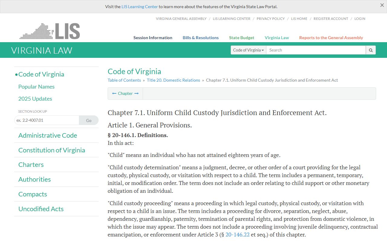 Virginia Code Title 20 Chapter 7.1 UCCJEA interstate custody family court records