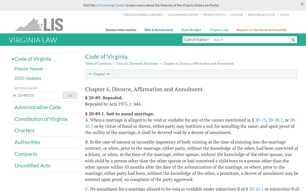 Virginia Code Title 20 Chapter 6 divorce and support family court records