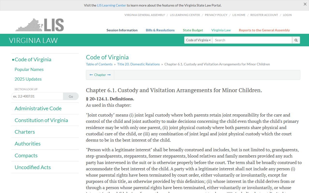 Virginia Code Title 20 Chapter 6.1 custody and visitation family court records