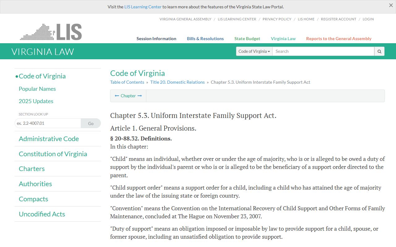 Virginia Code Title 20 Chapter 5.3 UIFSA interstate support family court records