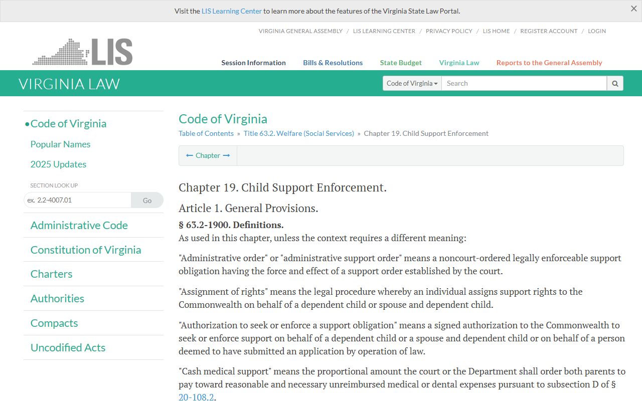 Virginia Code Title 63.2 Chapter 19 child support enforcement family court records